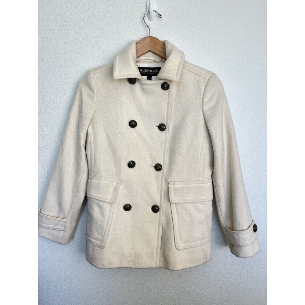 Kristen Blake Ivory Double-Breasted LambsWool Blend Peacoat SZ 2 Peplum Preppy